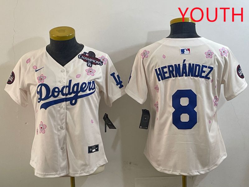 Youth Los Angeles Dodgers #8 Hernandez Cream Sakura Edition 2025 Nike MLB Jersey style 3
